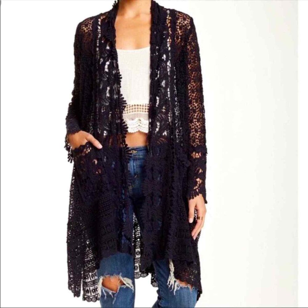 Johnny Was Black Floral Crochet Open Knit Duster Cardigan sz S